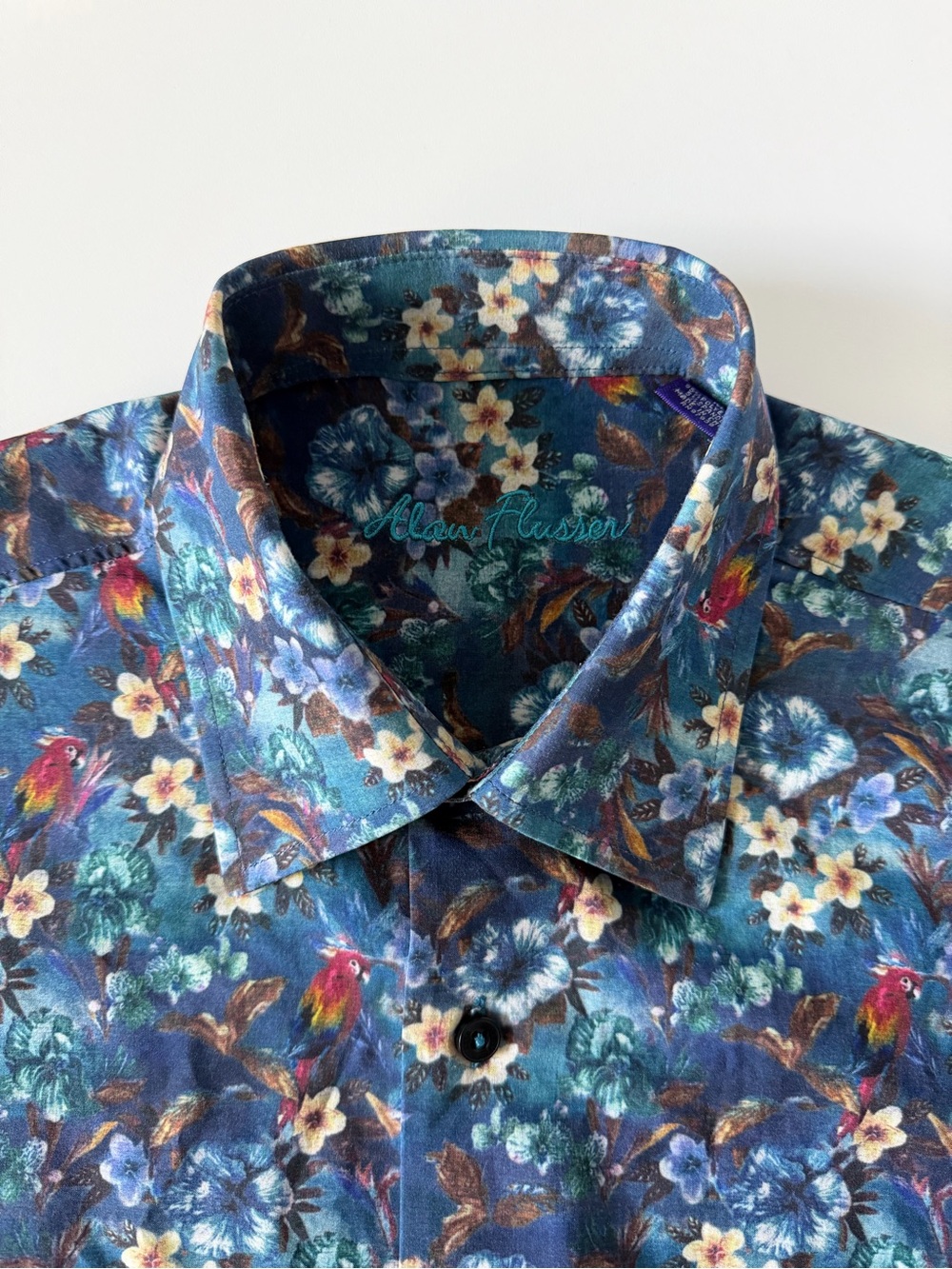 Alan Flusser Stretch Button Shirt Floral Jungle Macaw Parrot Amazon Print